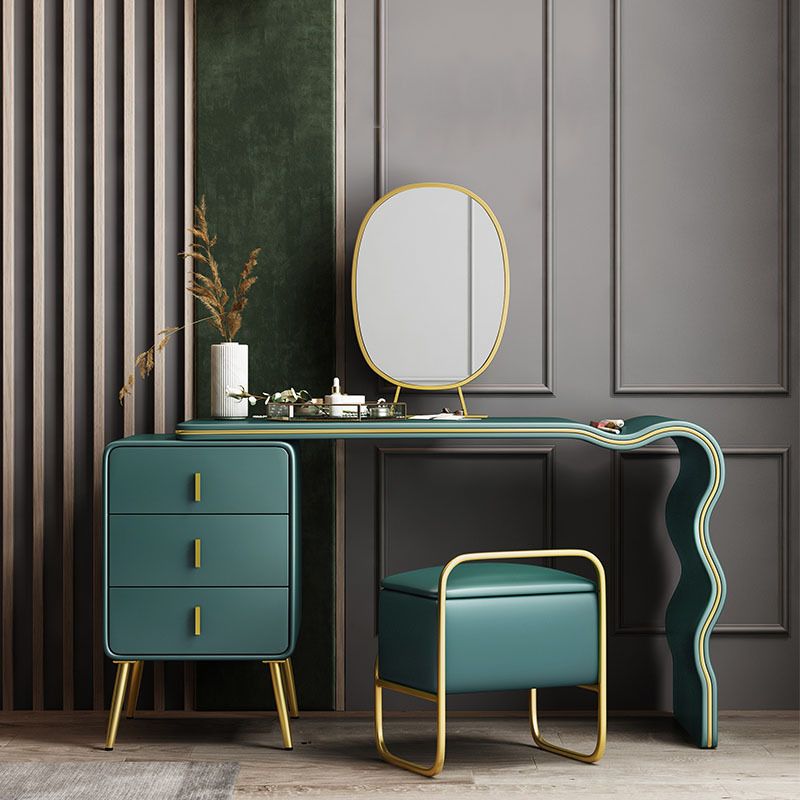 Genuine Leather Vanity Table Set Glam 30. 7" H Makeup Dressing Table with 3 Drawers