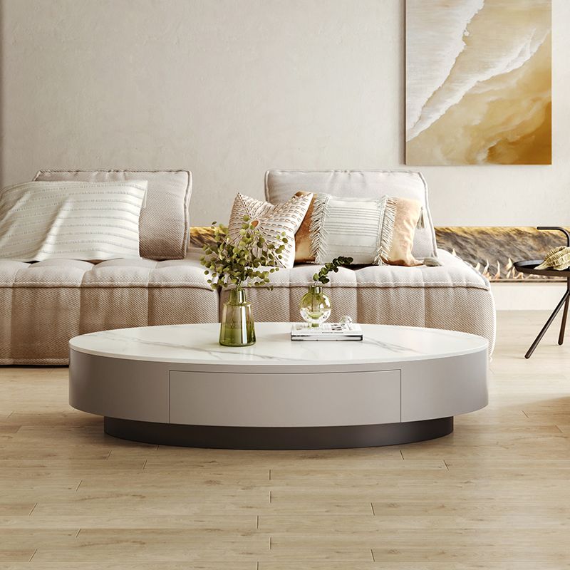 13.7"Tall Drum Oval Slate Top Coffee Table with Drawer for Living Room