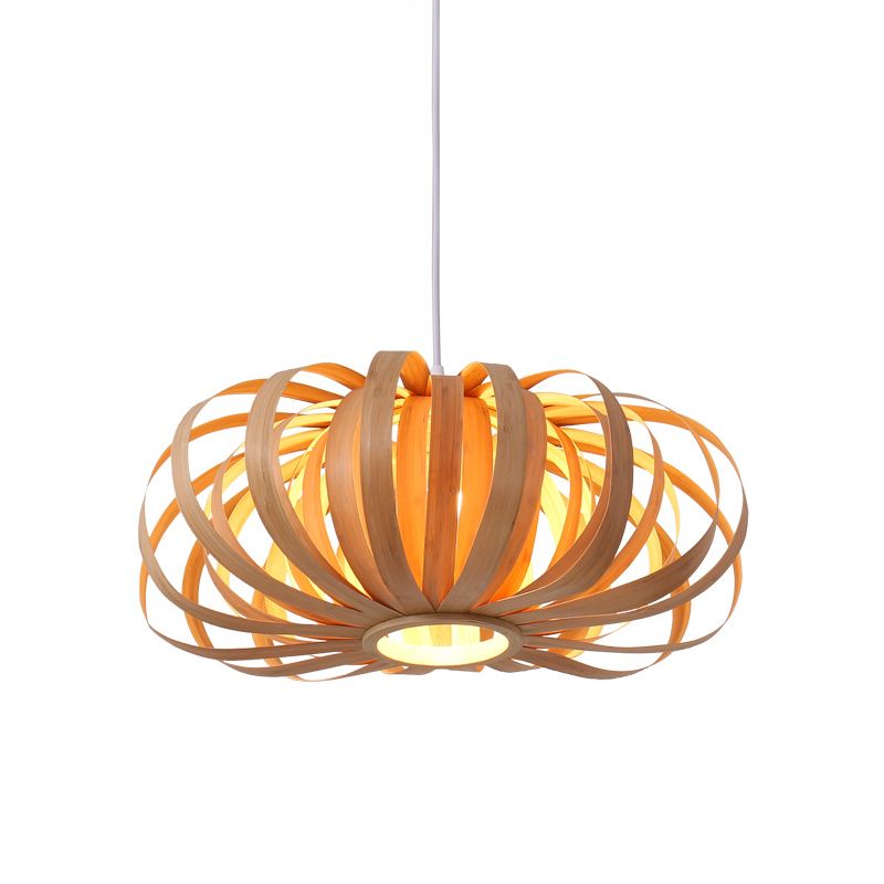 Beige Pumpkin Hanging Light Chinese 1 Head Wood Pendant Lighting Fixture for Restaurant