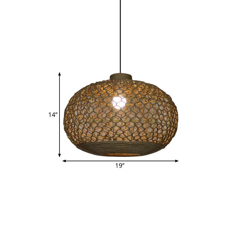 Oval Lantern Restaurant Pendant Lighting Hemp Rope Single Bulb Rural Hanging Lamp Kit in Flaxen