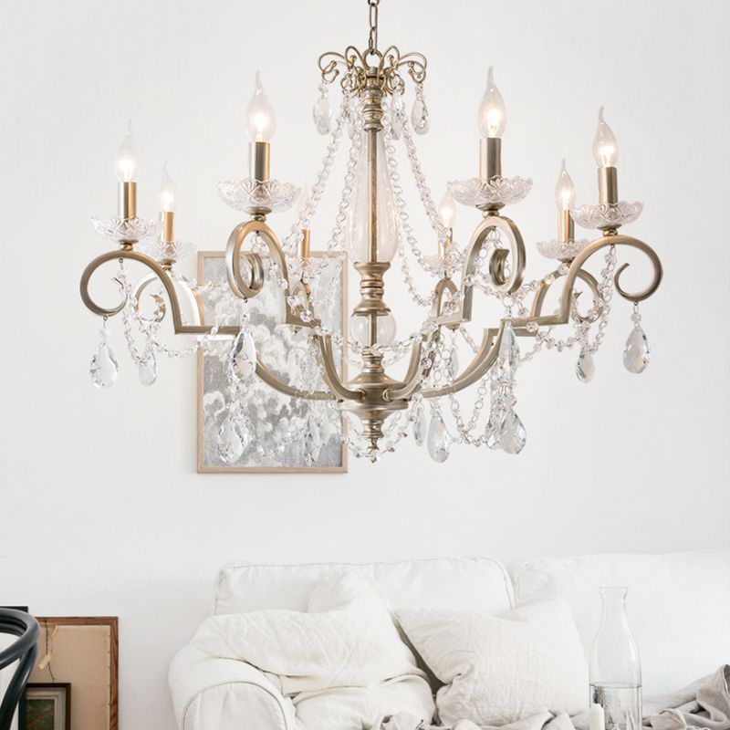 Aged Silver Candle Chandelier Rustic Crystal Living Room Suspension Light with Swirled Arm