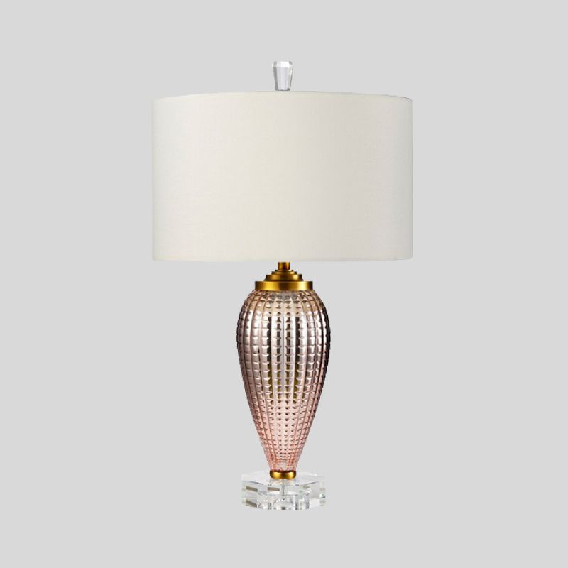 Lampada da tavolo moderna a 1 testa con lampada da scrivania piccola a cilindro bianco con paralume in tessuto