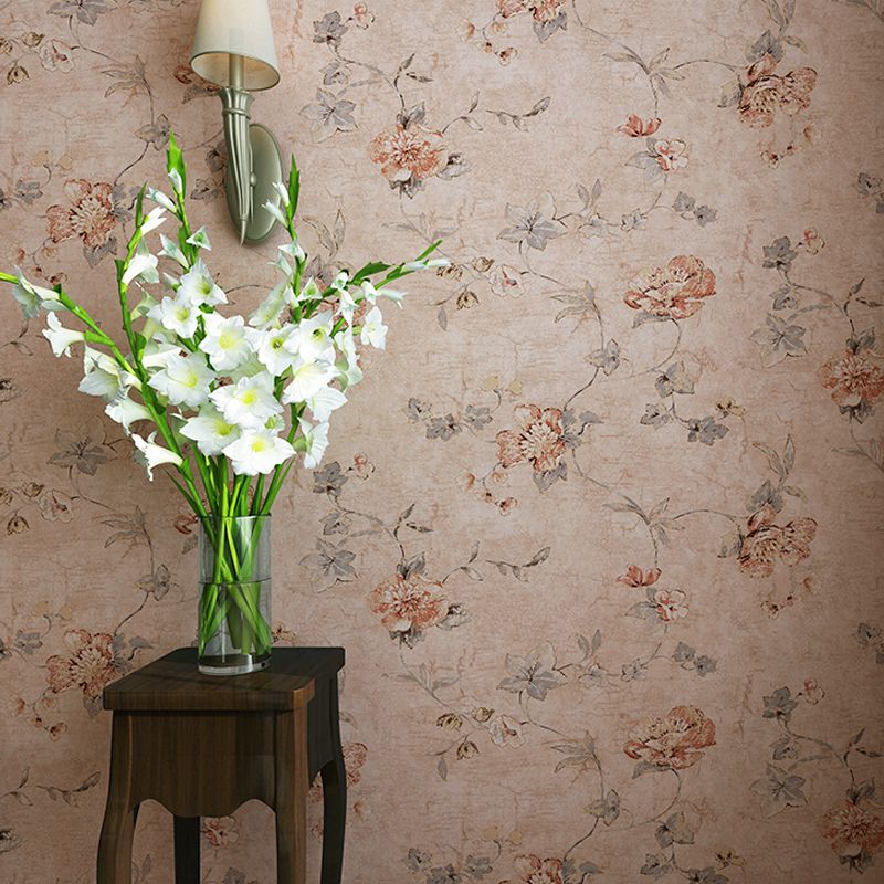Rustic Peach Flowers Wallpaper Washable Wall Covering for Living Room, Non-Pasted