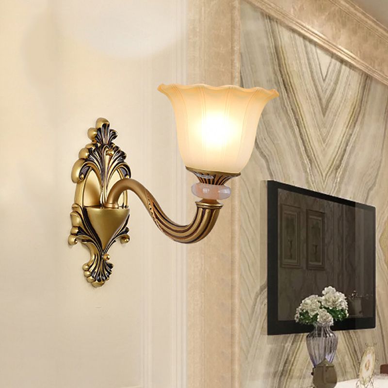 1/2-Head Wall Light Sconce Traditional Flower-Shape Opal Glass Up Wall Mount Lamp Fixture in Brass