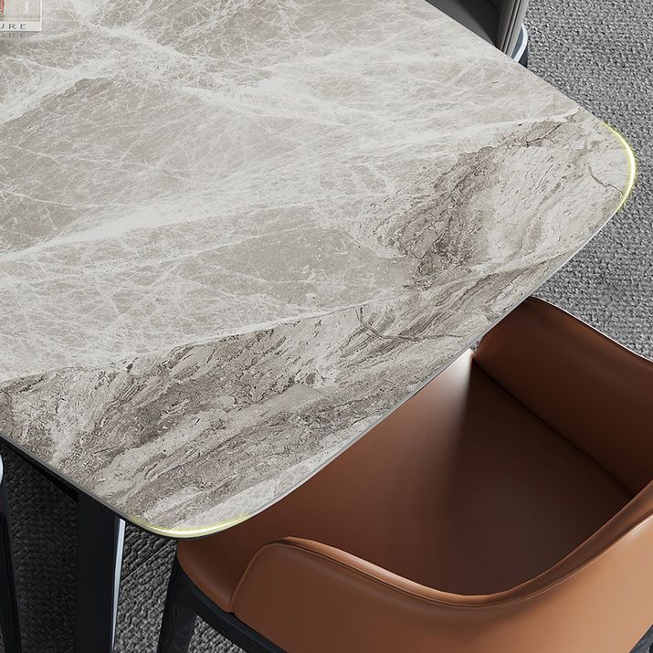 Mesa industrial rectangular con base de caballete, mesa fija en tono gris con piedra sinterizada