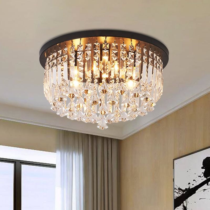 9 Lights Bedroom Flush Light Fixture Contemporary Black Ceiling Lighting with Cascade Crystal Shade