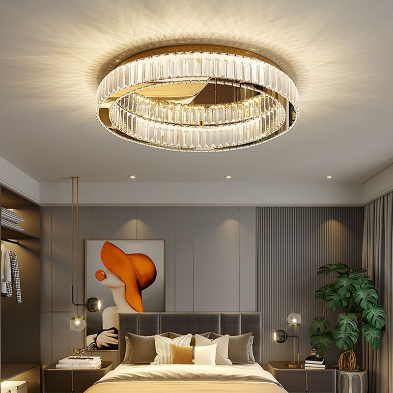 Plafonnier LED de luxe moderne, montage circulaire en acier inoxydable avec abat-jour en cristal