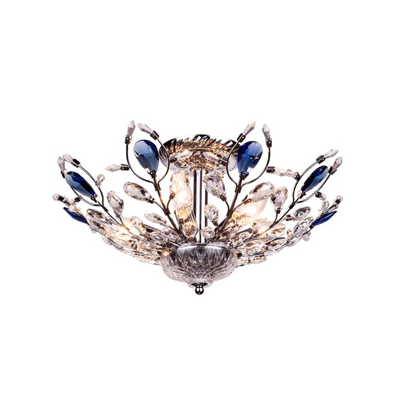 Metallic Peacock Tail Semi Flush Ceiling Light Modern 6 Lights Gold/Chrome Ceiling Mounted Fixture with Crystal Drops