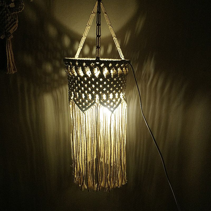 Criss-Cross Fringe Corridor Drop Lamp Rustic Hemp Rope 1 Head White Hanging Pendant Light