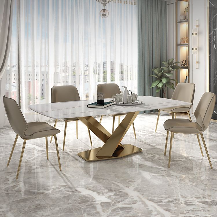 Mesa de comedor rectangular de lujo tradicional mesa de piedra sinterizada blanca con base de pedestal