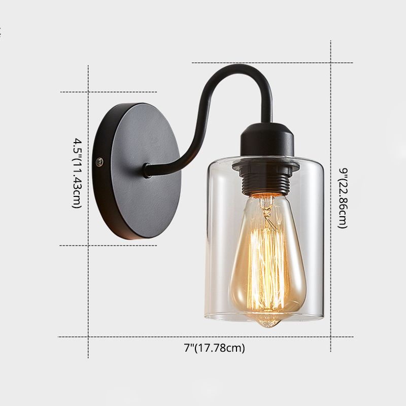 Metal Armed Wall Sconce Single Light Wall Lamp with Cylinder Glass Shade for Bedroom