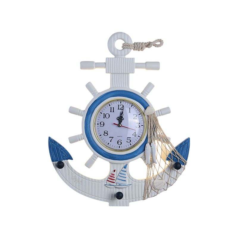 Contemporary Anchor Shaped Wall Light Fixture Wooden Kids Bedroom LED Clock Wall Mounted Lamp in Blue
