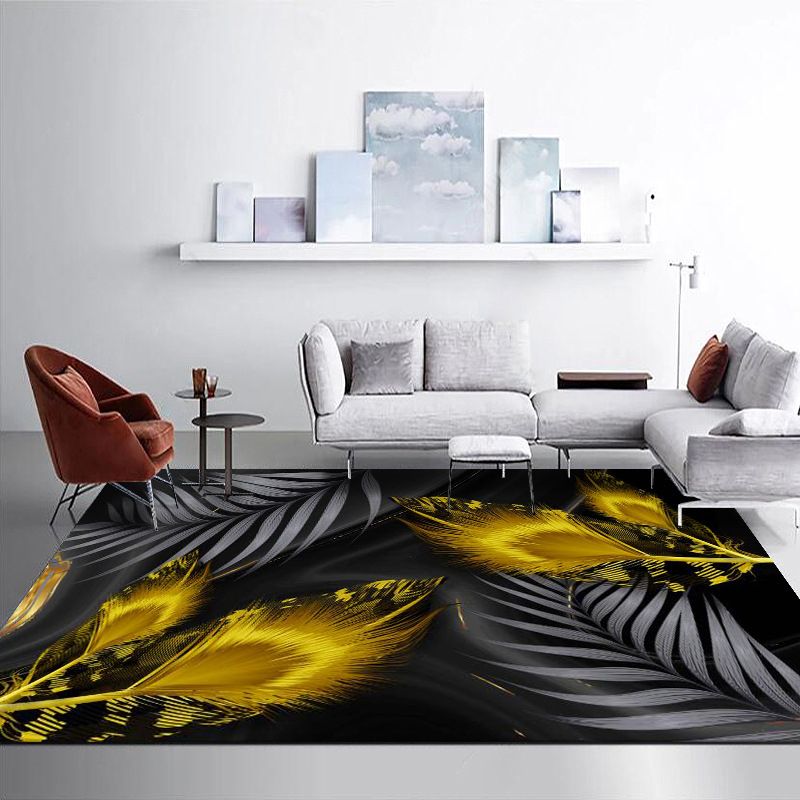Gray Modern Rug Polyester Leaves Rug Non-Slip Backing Rug Washable for Home Decor