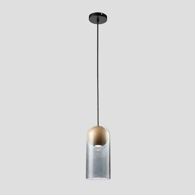 Modern Artistic LED Pendant Light Wooden Bell Hanging Lamp with Gray Glass Shade