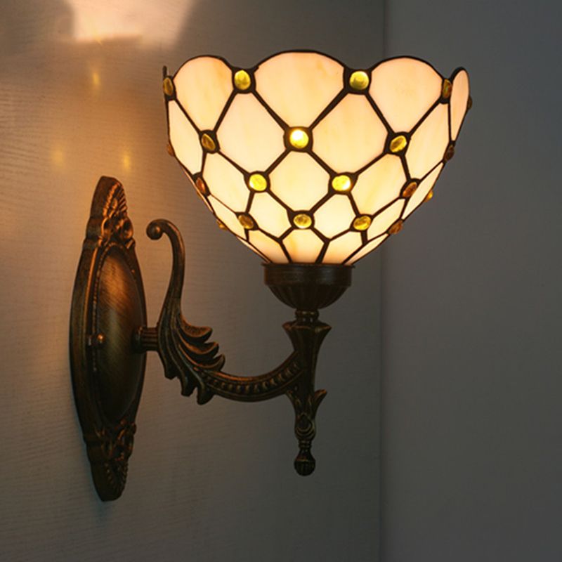 1 Head Corridor Wall Sconce Light Mediterranean Brass Wall Lighting with Geometry Cut Glass Shade