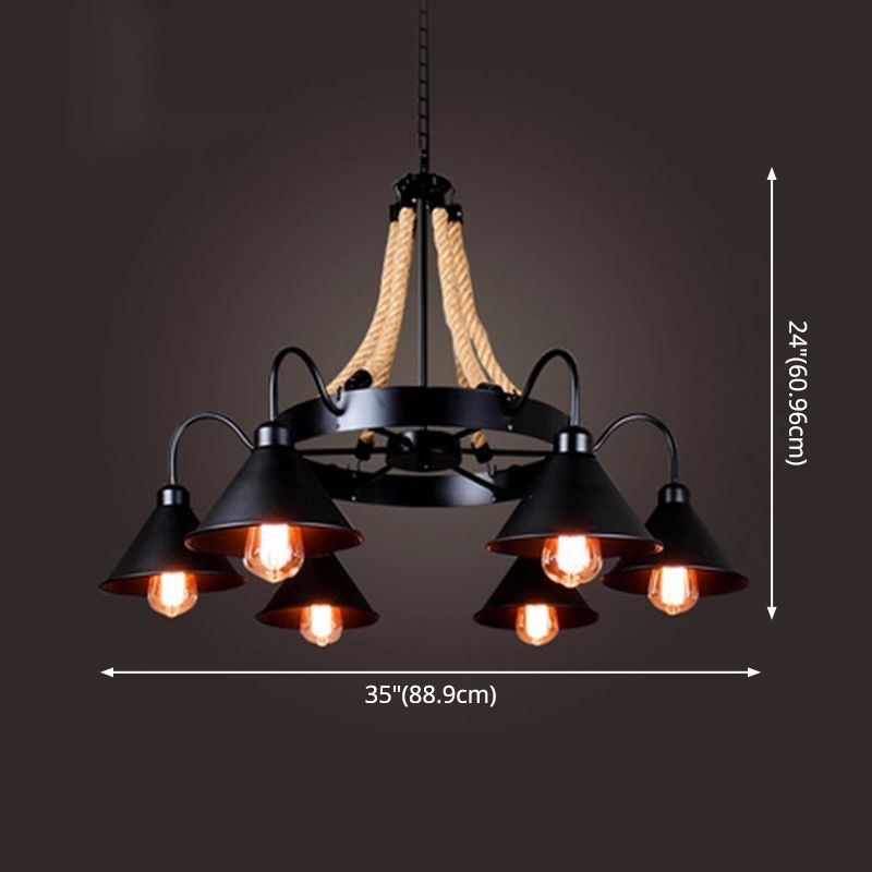 Industrial Art Hanging Chandelier Light with Rope and Cone Metal Shade in Black