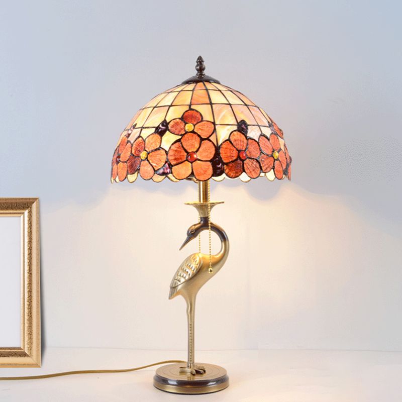 2 Bulbs Halcyon Night Table Light Tiffany Gold Metal Nightstand Lamp with Pull Chain and Flower Glass Shade