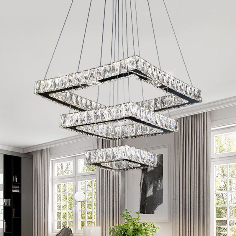 Square Ceiling Chandelier Minimalist Crystal LED Black Pendant Lighting Fixture