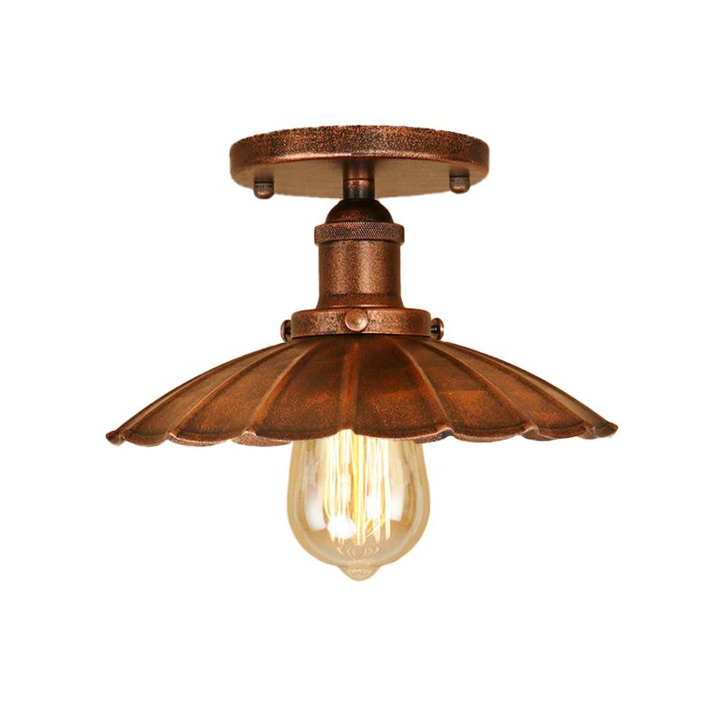 1 Head Fer Semi-Flush Light Antique Style Rust / Black Scalloped Shade Balcony Semi Flush Mount Lighting