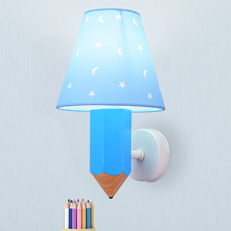 Luz de madera para niños Luz de pared de madera ideas de apliques de una sola bombilla con sombra de lámpara cónica en azul