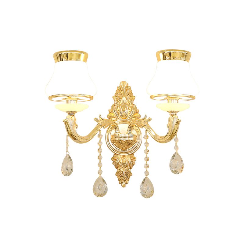 Gold Carved Arm Wall Sconce Light Traditional Metal Bedroom Wall Light with White Lampshade