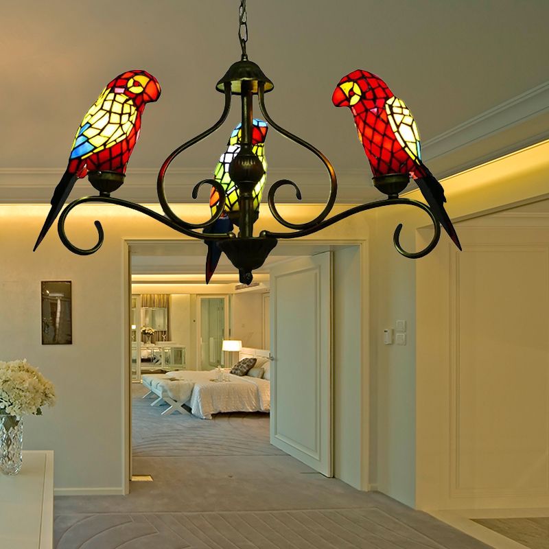 Lampadari di vetro colorati per sale da pranzo, lampada a soffitto in ottone antico con pappagallo in stile tiffany