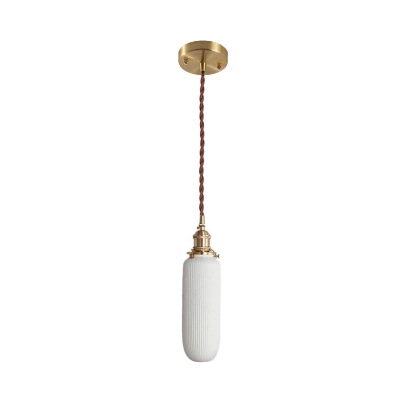 Rustic Ribbed Capsule/Ellipse Drop Pendant Single Bulb Ceramics Ceiling Hang Light in White and Brass