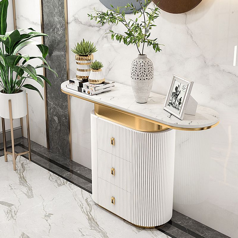 Glam Oval Accent Table Marble Sofa Console Table with Drawer for Hall