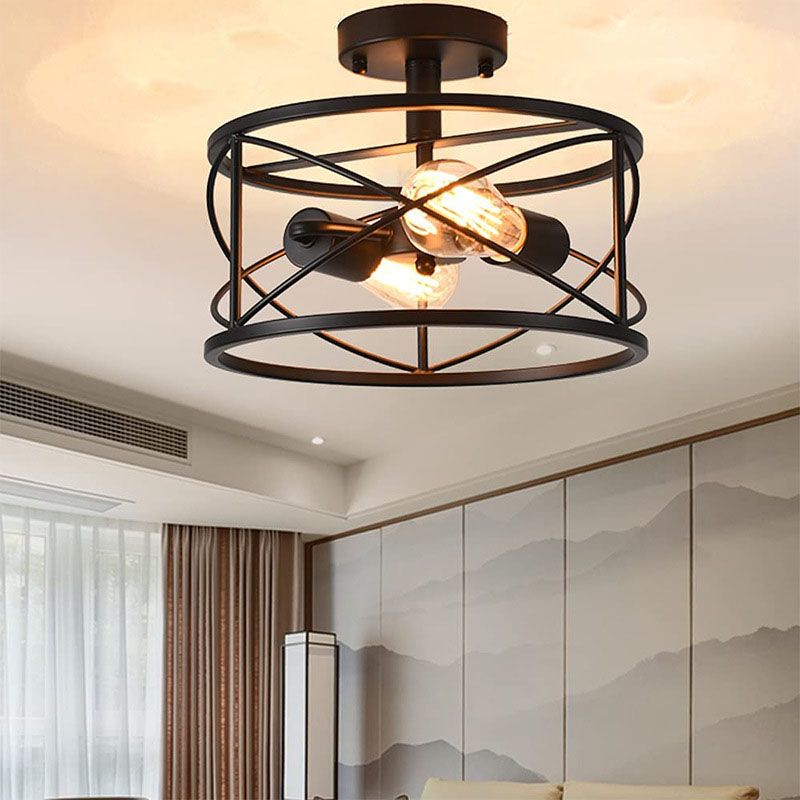 Wooden Black Ceiling Light in Industrial Vintage Style Wrought Iron Geometric Semi Flush Mount
