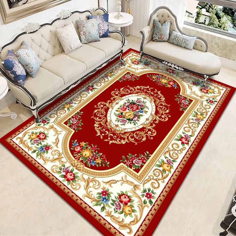 Wine Red Vintage Carpet Polyester Flower Carpet Washable Carpet for Living Room