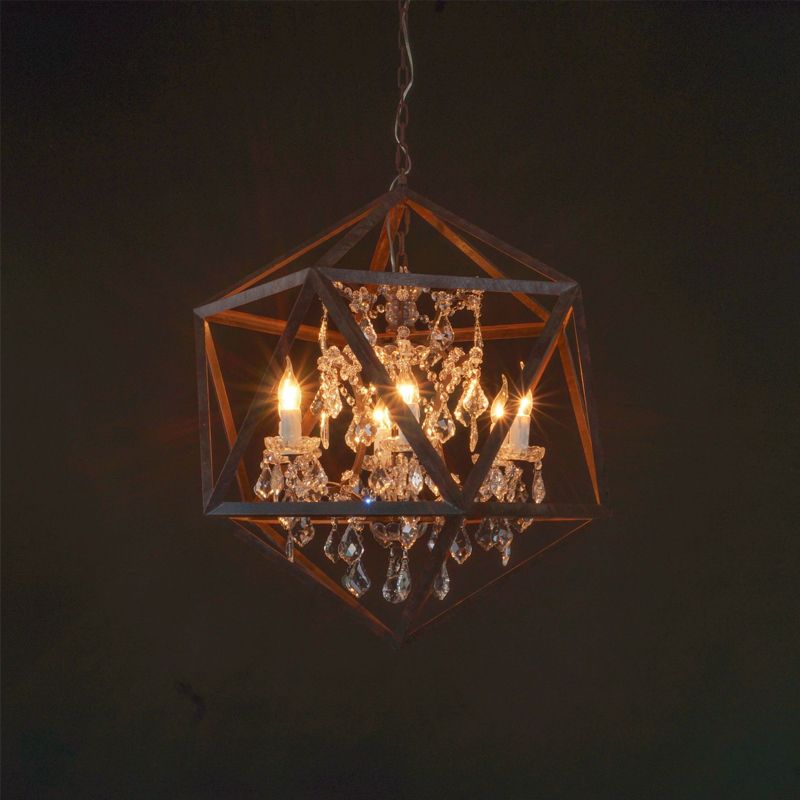 6 Bulbs Geometric Chandelier Light Traditional Rust Metal Hanging Ceiling Fixture with Clear Crystal Drop