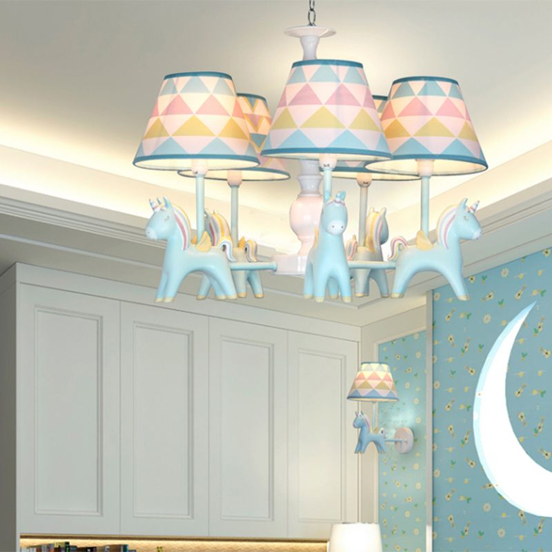 Tapered Shade Child Room Suspension Light Patterned Fabric Kids Chandelier Light with Decorative Unicorn