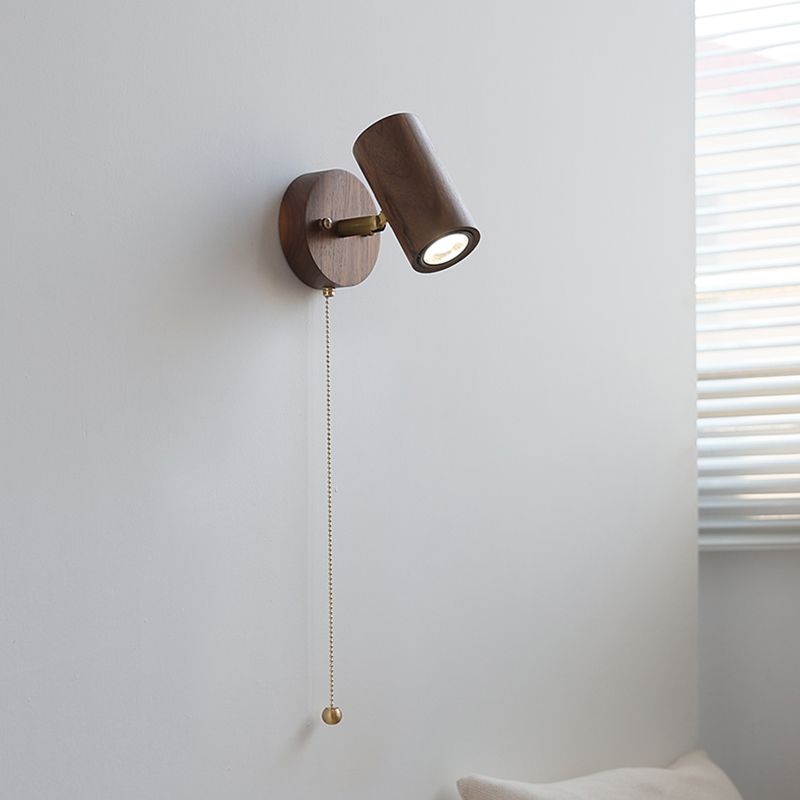 Cylinder Shape Wood Wall Sconces Modern 1-Light Reading Wall Mount Light in Brown