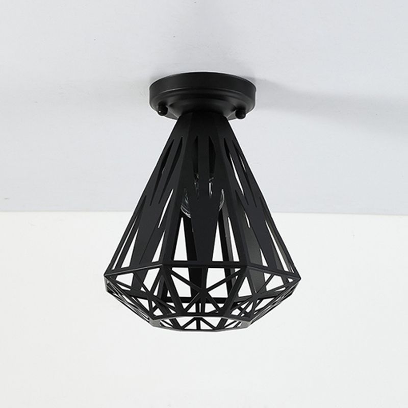 1-Light Flush Mount Ceiling Light Fixture Simple Small Diamond Cage Iron Flushmount in Black/White