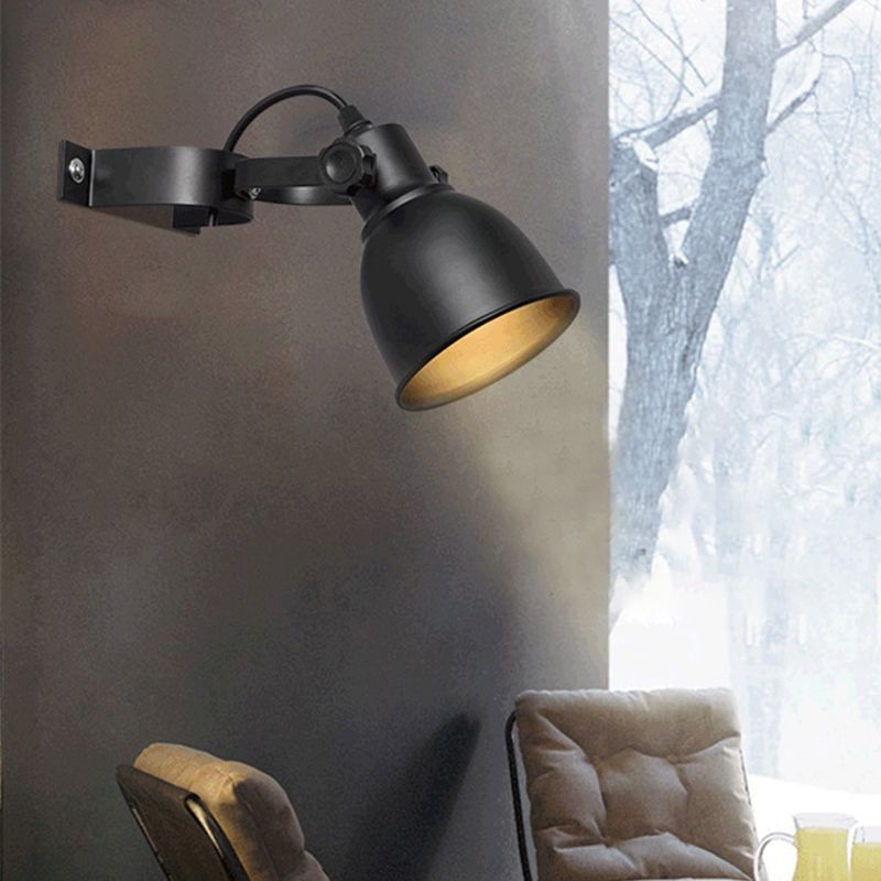 Black Finish 1-Bulb Wall Light Sconce Industrial Iron Dome Wall Mounted Lamp with Adjustable Handle