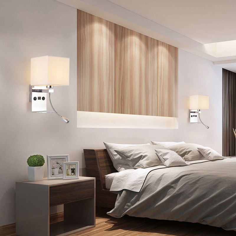 Square Fabric Shade Simplicity Wall Sconce Adjustable LED Spotlight Design Bedside Reading Lamp in Sliver