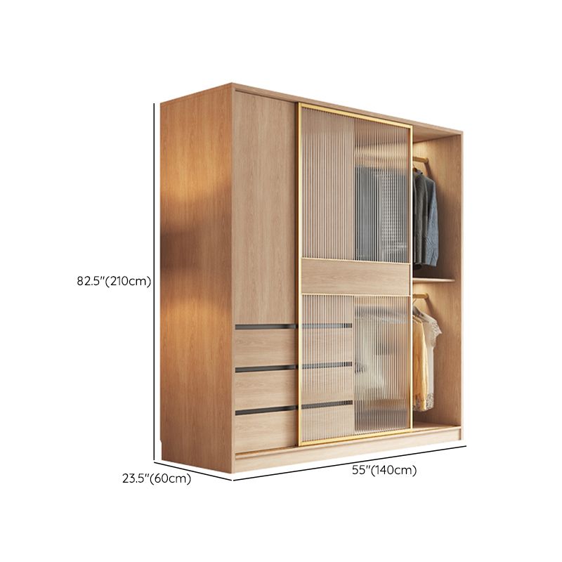 Contemporary Glass Sliding Doors Wardrobe Natural Wood Wardrobe with Drawers