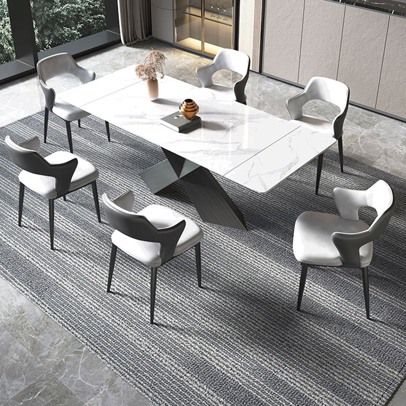 Modern Rectangular White Stone Top Dining Table with Black Steel Double Pedestal