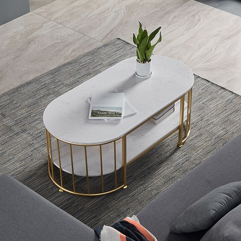 Glam Marble Top Coffee Cocktail Table with Oval Top and Iron Base