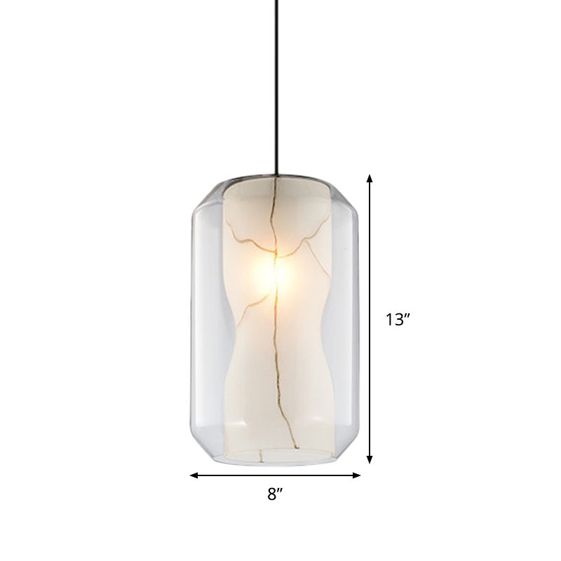 Clear Glass Lantern Pendant Light Simple 8"/10" Wide 1 Head Hanging Lamp Kit with Inner Cylinder White Marble Shade in White Ligth