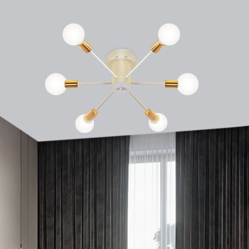 6/8 Heads Bare Bulb Semi Flush Mount Light Vintage Style Black/White Metallic Ceiling Light Fixture for Kitchen