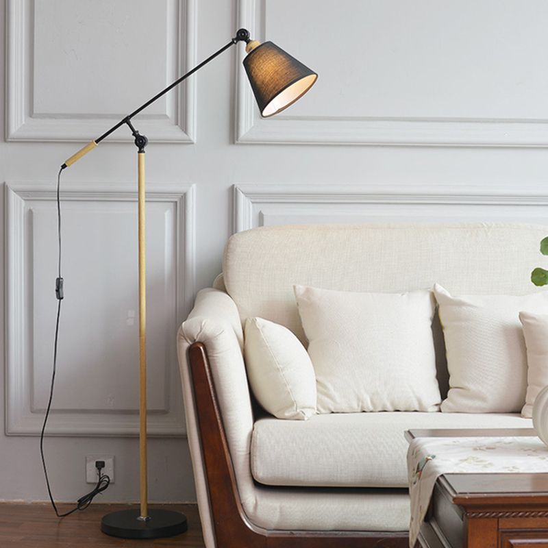 Tapered Floor Reading Lamp Nordic Fabric 1 Bulb Black/White and Wood Floor Light with Swing Arm