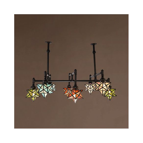 8 Lights Star Pendant Lighting with Star Shape and Hanging Rod Stained Glass Rustic Dining Room Chandelier