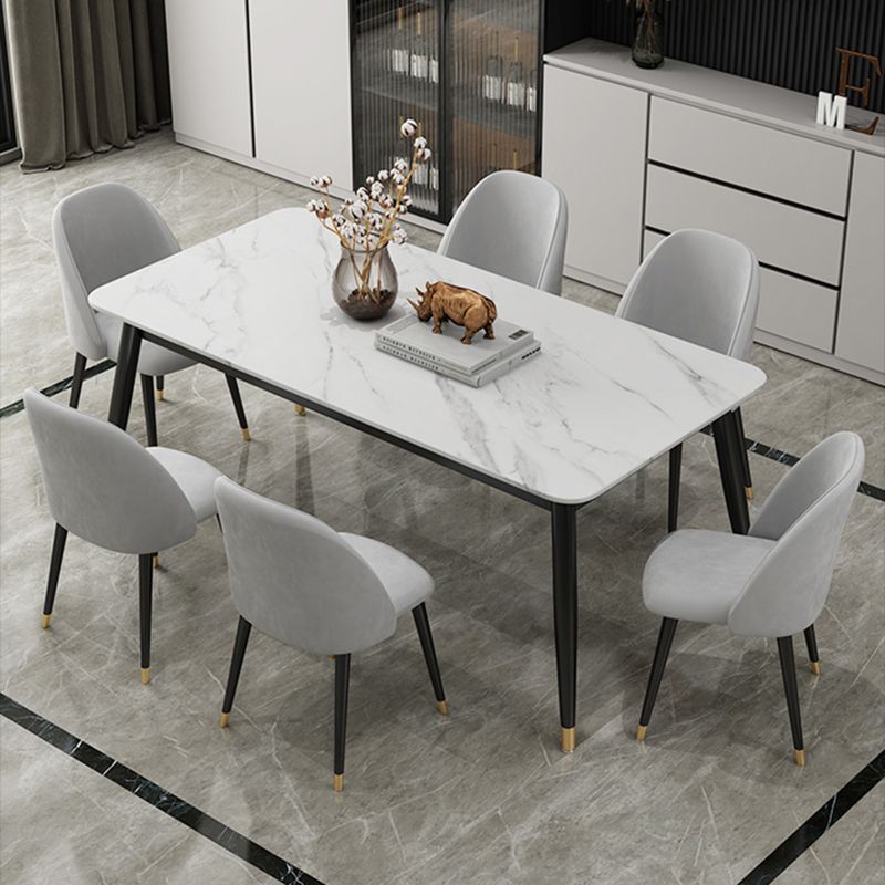 Contemporary Fixed Marble Dining Table Set with 4 Black Metallic Legs Kitchen Dining Set