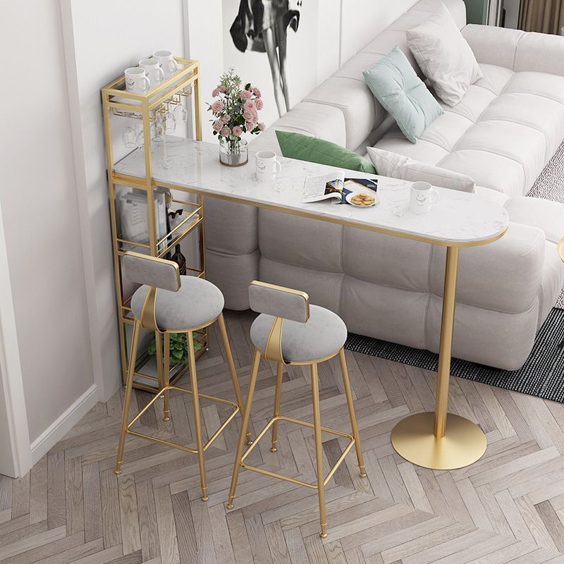 Contemporary Bar Dining Table Indoor Marble Top Bar Table Iron Base with Shelves