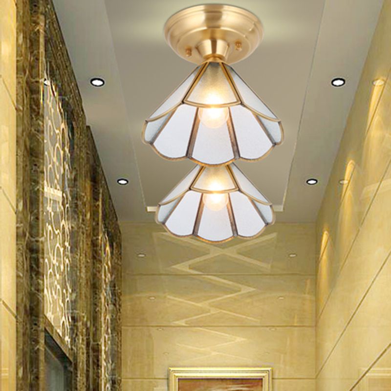 Brass Ceiling Mounted Fixture Vintage-Style Glass Shaded Semi Flush Ceiling Light