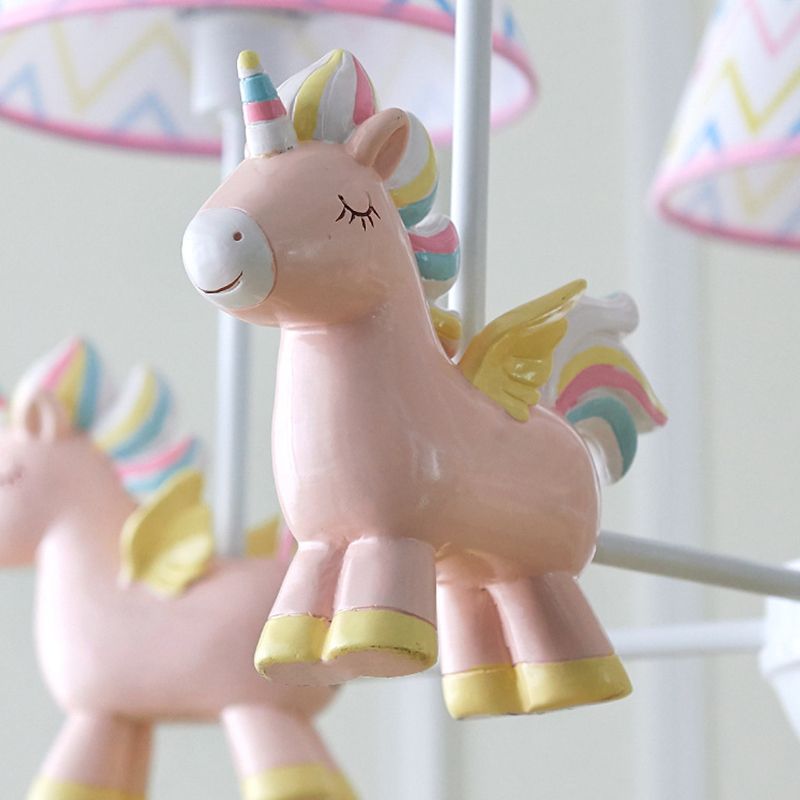 Tapered Shade Chandelier Kid Fabric 5 Bulbs Pink Pendant Light Fixture with Unicorn Figurine