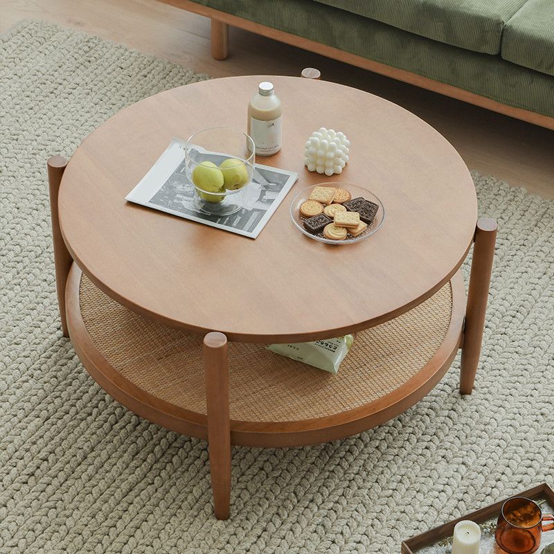 Round Glass/ Wood Top Coffee Table 4 Legs Cocktail Table with Shelf