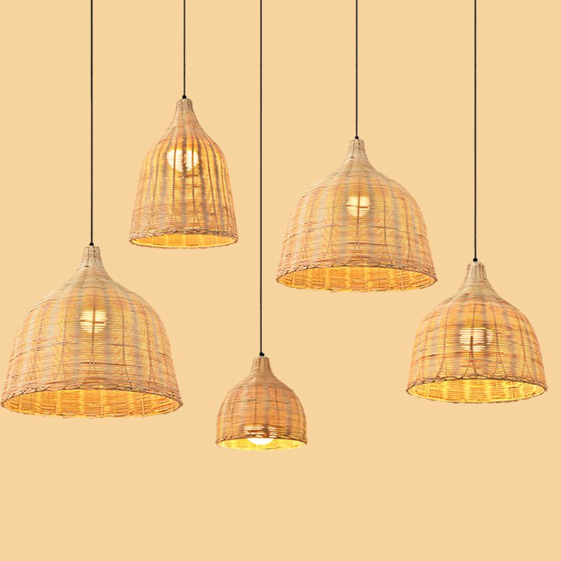 Rattan Domed Hanging Light Fixture Asia Style Pendant Ceiling Light