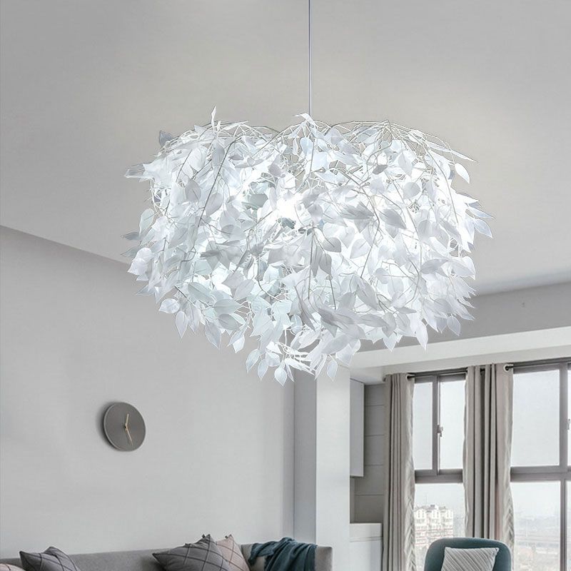 Metal Branching Ceiling Hang Fixture Nordic-Style Single White Finish Pendant with Leaf Deco